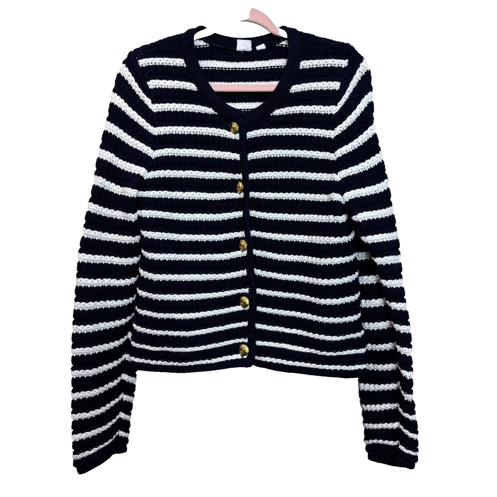 Gap Button Front Striped Cardigan Sweater Womens Size Large‎ L Navy Blue White